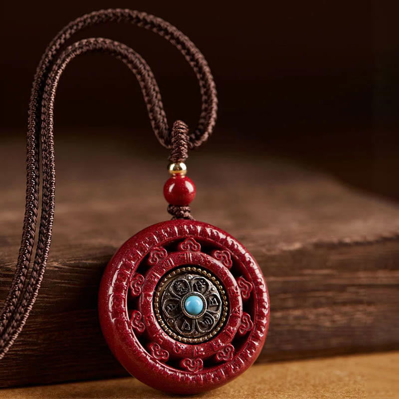 Fortune Jewel Cinnabar Om Mani Padme Hum Blessing Rotatable Necklace Pendant Key Chain