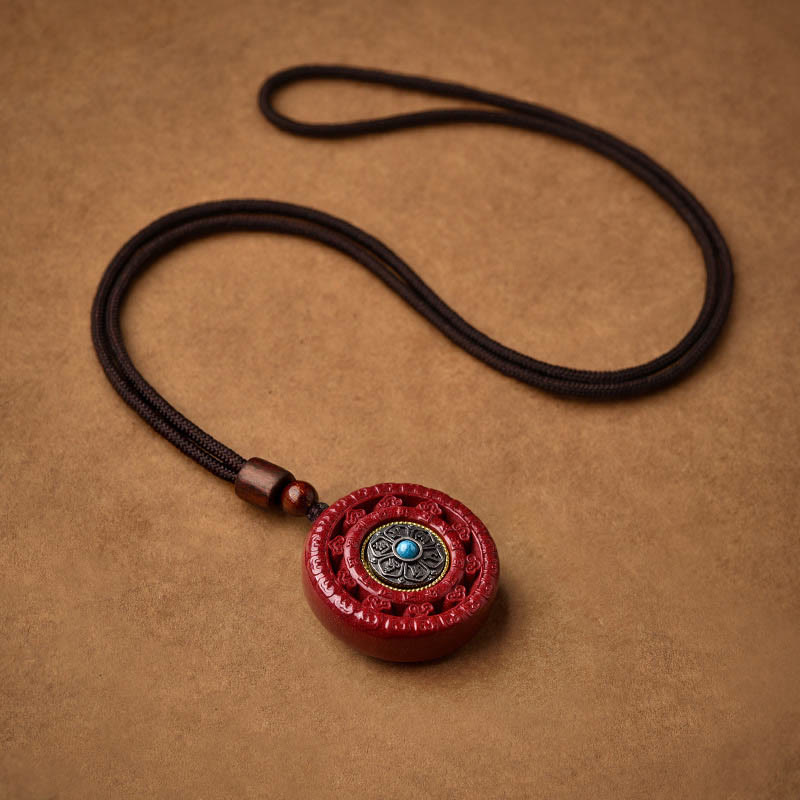 Fortune Jewel Cinnabar Om Mani Padme Hum Blessing Rotatable Necklace Pendant Key Chain
