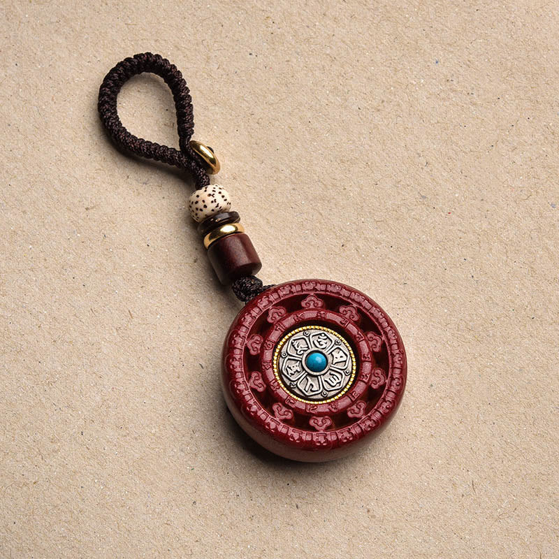 Fortune Jewel Cinnabar Om Mani Padme Hum Blessing Rotatable Necklace Pendant Key Chain