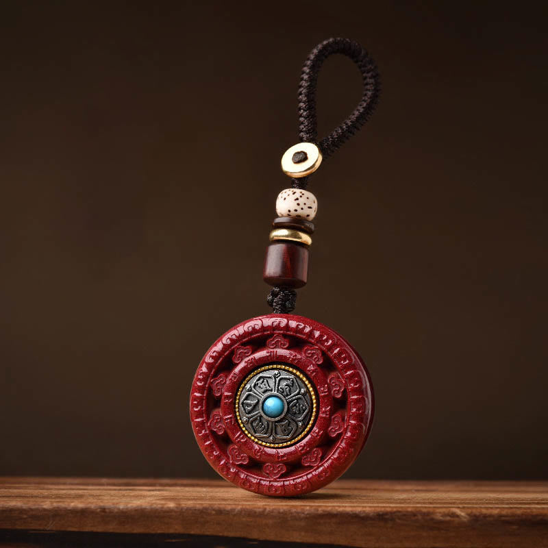 Fortune Jewel Cinnabar Om Mani Padme Hum Blessing Rotatable Necklace Pendant Key Chain