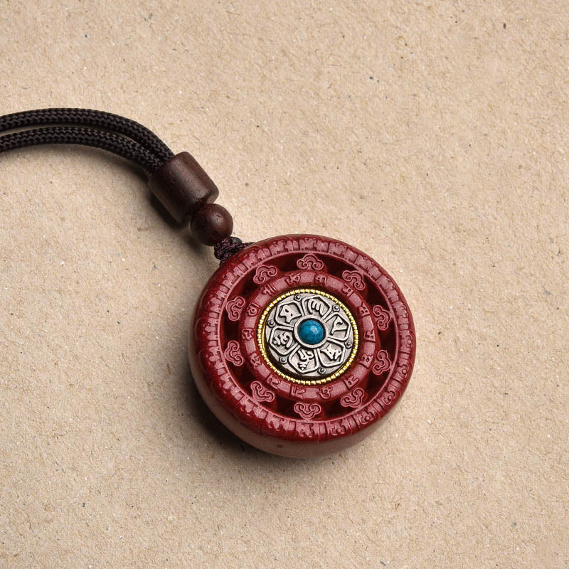 Fortune Jewel Cinnabar Om Mani Padme Hum Blessing Rotatable Necklace Pendant Key Chain