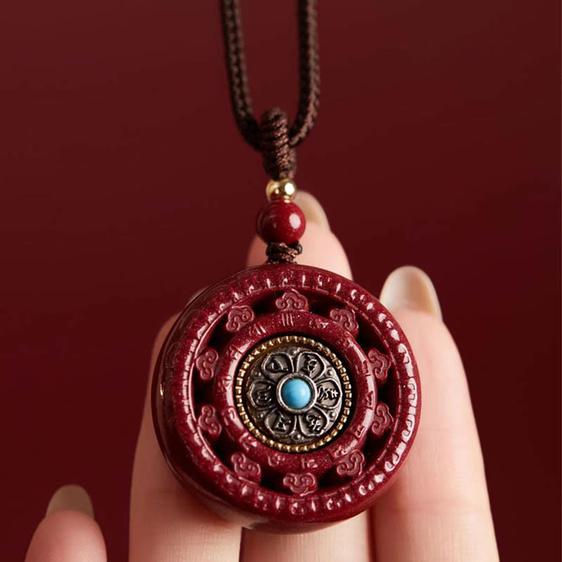 Fortune Jewel Cinnabar Om Mani Padme Hum Blessing Rotatable Necklace Pendant Key Chain