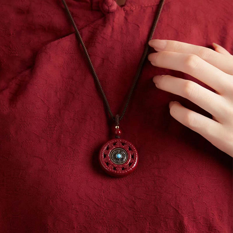 Fortune Jewel Cinnabar Om Mani Padme Hum Blessing Rotatable Necklace Pendant Key Chain