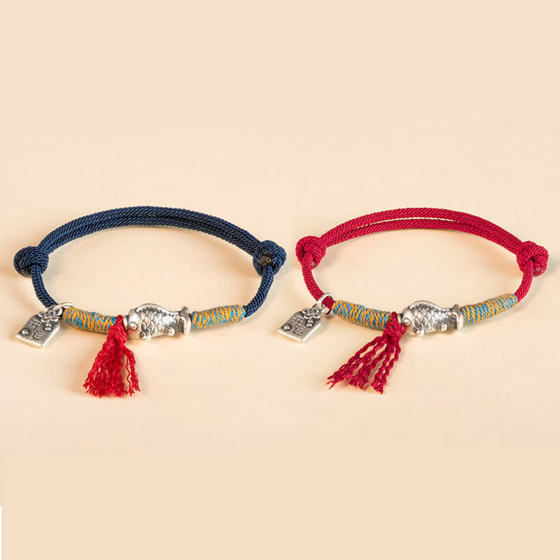 Fortune Jewel 999 Sterling Silver Red String Lucky Koi Fish Protection Bracelet