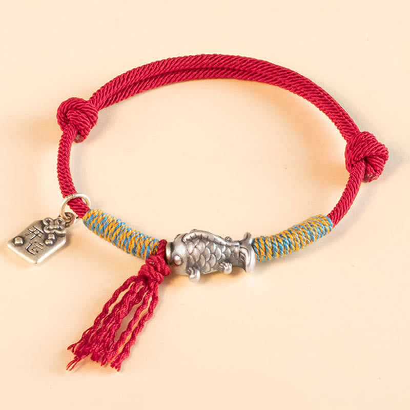 Fortune Jewel 999 Sterling Silver Red String Lucky Koi Fish Protection Bracelet