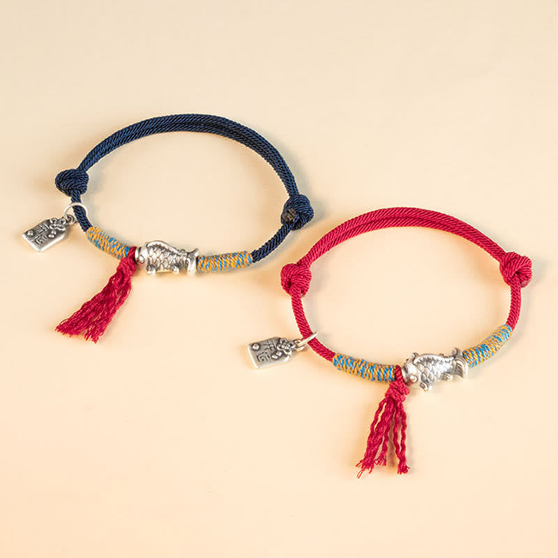 Fortune Jewel 999 Sterling Silver Red String Lucky Koi Fish Protection Bracelet