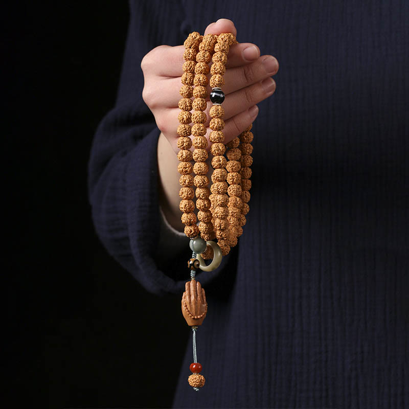 Fortune Jewel Bodhi Seed Three-eyed Dzi Bead Buddha Hand Charm Wealth Bracelet