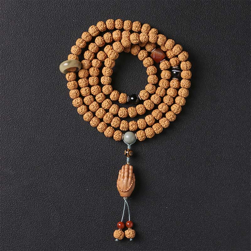 Fortune Jewel Bodhi Seed Three-eyed Dzi Bead Buddha Hand Charm Wealth Bracelet