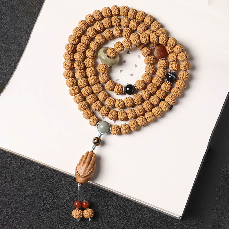 Fortune Jewel Bodhi Seed Three-eyed Dzi Bead Buddha Hand Charm Wealth Bracelet