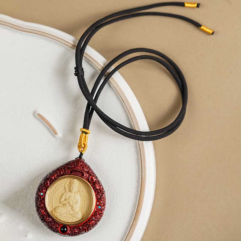 Fortune Jewel Chinese Zodiac Natal Buddha Small Leaf Red Sandalwood Ebony Longevity Necklace Pendant