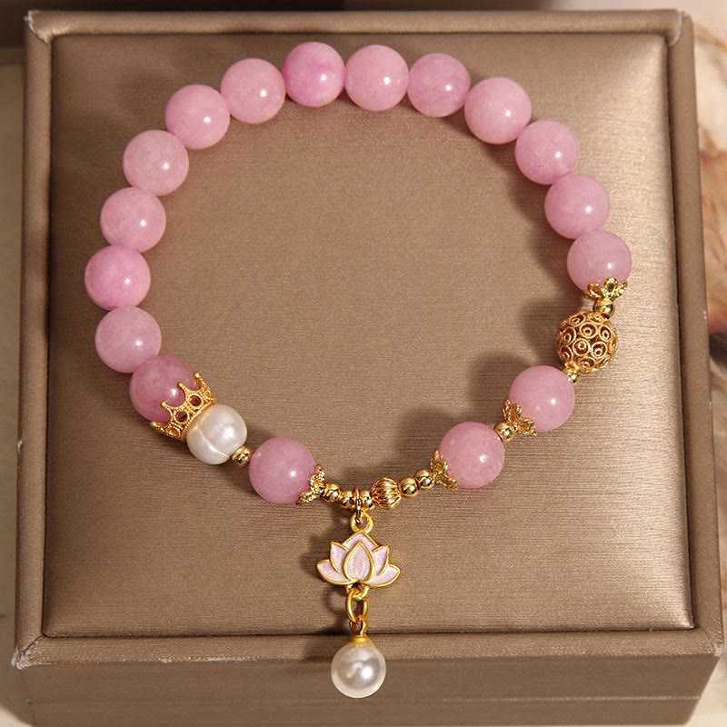 Fortune Jewel Pink Quartzite Pearl Lotus Charm Harmony Bracelet