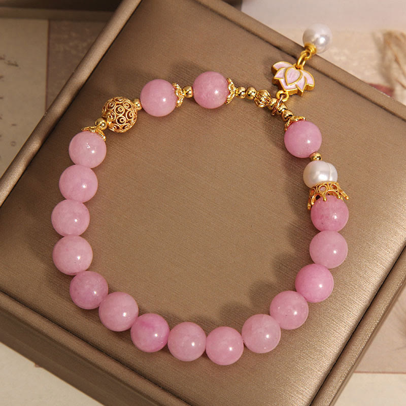 Fortune Jewel Pink Quartzite Pearl Lotus Charm Harmony Bracelet