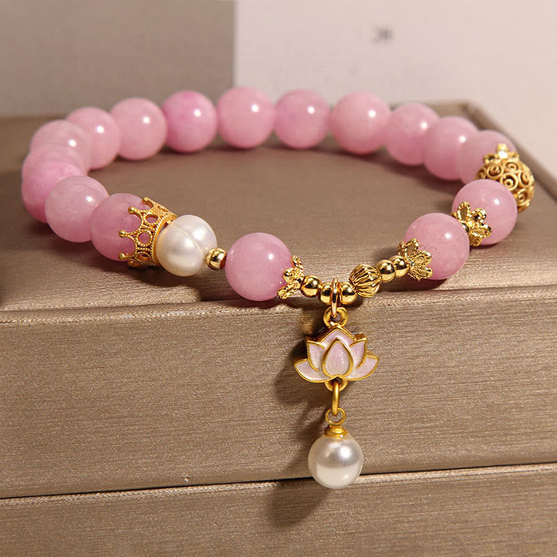 Fortune Jewel Pink Quartzite Pearl Lotus Charm Harmony Bracelet