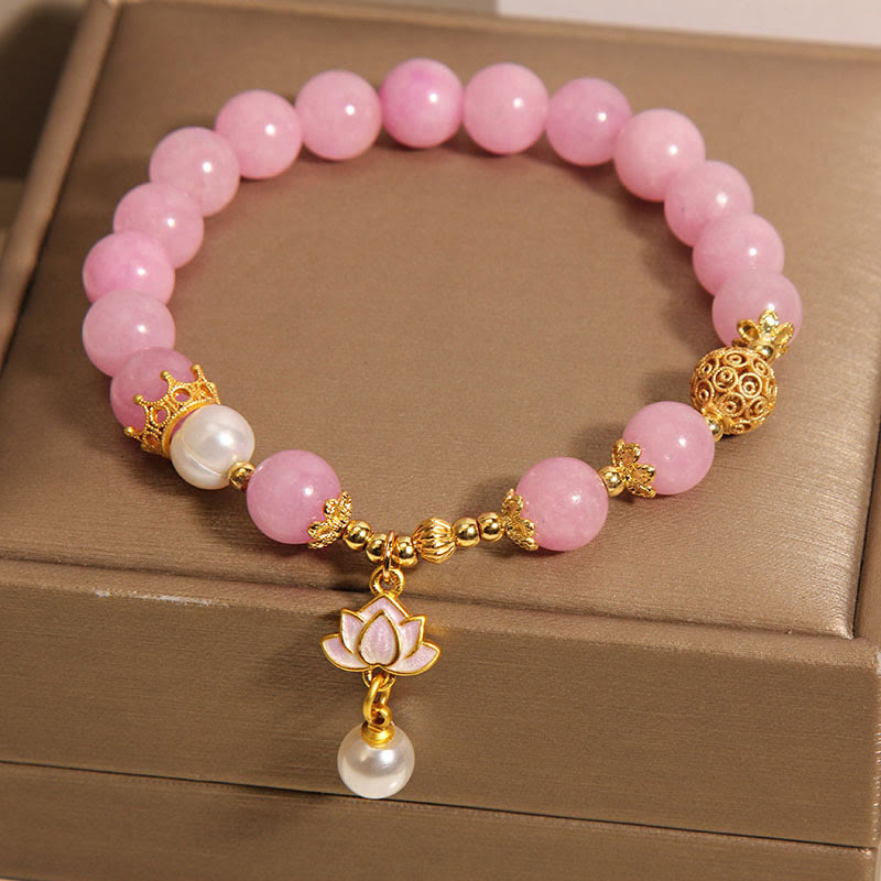 Fortune Jewel Pink Quartzite Pearl Lotus Charm Harmony Bracelet