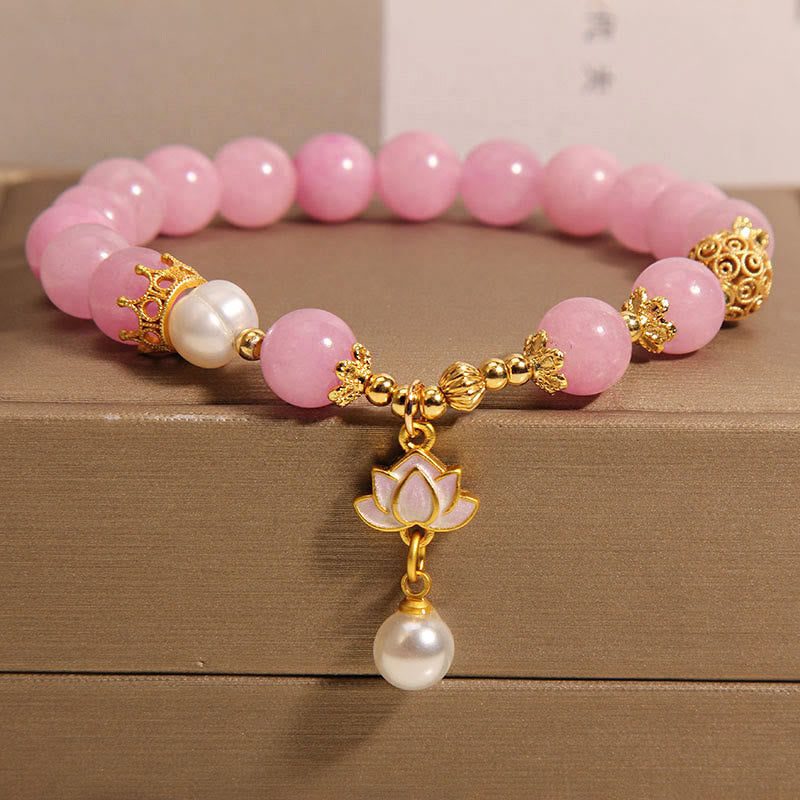 Fortune Jewel Pink Quartzite Pearl Lotus Charm Harmony Bracelet