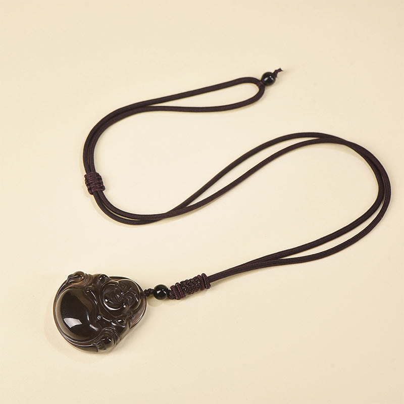 Fortune Jewel Natural Black Obsidian Ice Obsidian Laughing Buddha Purification Necklace Pendant