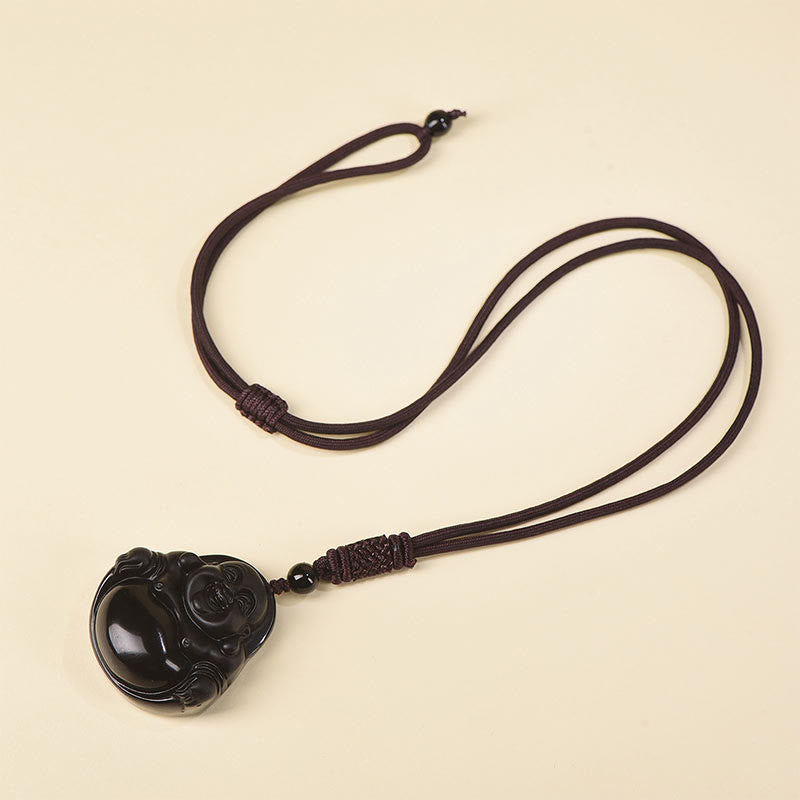 Fortune Jewel Natural Black Obsidian Ice Obsidian Laughing Buddha Purification Necklace Pendant