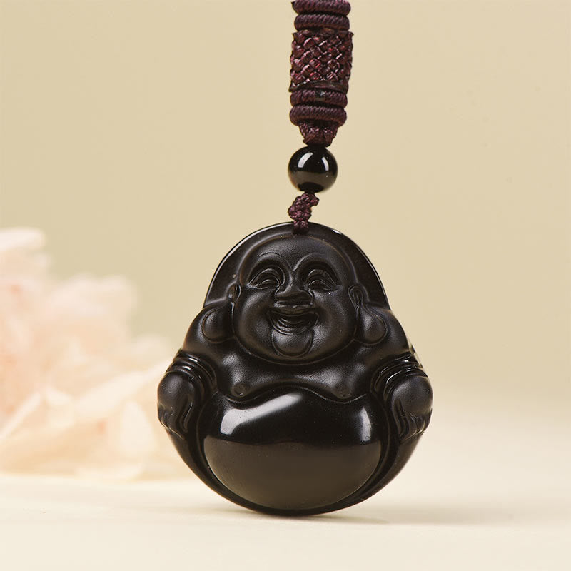Fortune Jewel Natural Black Obsidian Ice Obsidian Laughing Buddha Purification Necklace Pendant