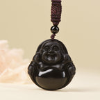 Fortune Jewel Natural Black Obsidian Ice Obsidian Laughing Buddha Purification Necklace Pendant