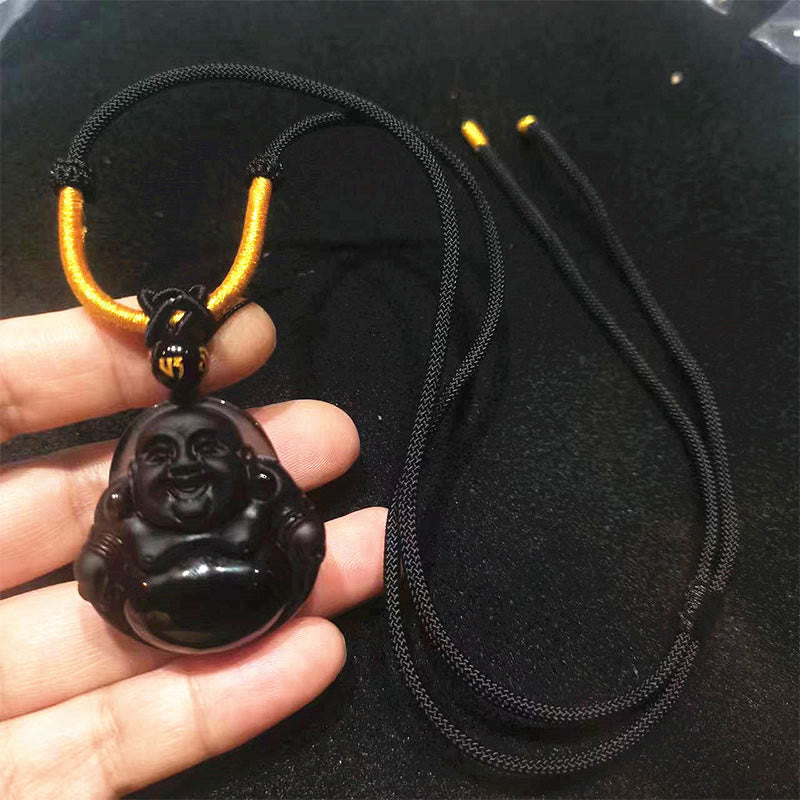Fortune Jewel Natural Black Obsidian Ice Obsidian Laughing Buddha Purification Necklace Pendant