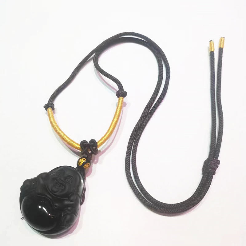 Fortune Jewel Natural Black Obsidian Ice Obsidian Laughing Buddha Purification Necklace Pendant