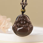 Fortune Jewel Natural Black Obsidian Ice Obsidian Laughing Buddha Purification Necklace Pendant