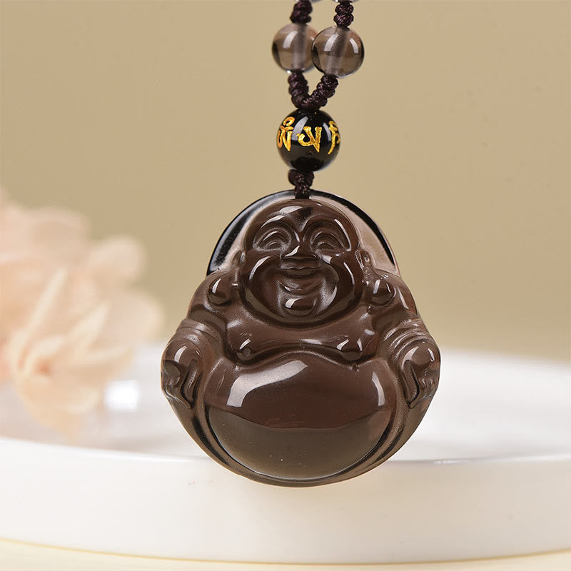 Fortune Jewel Natural Black Obsidian Ice Obsidian Laughing Buddha Purification Necklace Pendant