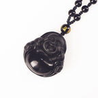 Fortune Jewel Natural Black Obsidian Ice Obsidian Laughing Buddha Purification Necklace Pendant
