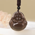 Fortune Jewel Natural Black Obsidian Ice Obsidian Laughing Buddha Purification Necklace Pendant