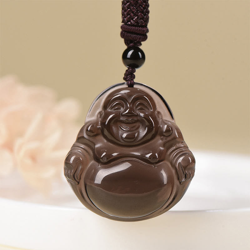 Fortune Jewel Natural Black Obsidian Ice Obsidian Laughing Buddha Purification Necklace Pendant