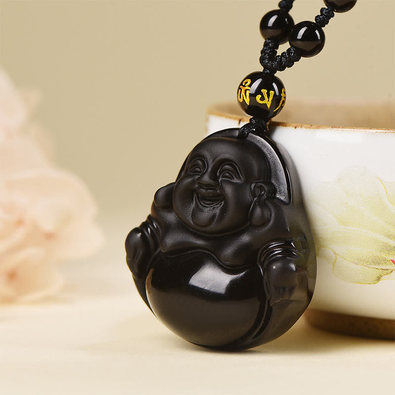 Fortune Jewel Natural Black Obsidian Ice Obsidian Laughing Buddha Purification Necklace Pendant