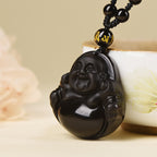 Fortune Jewel Natural Black Obsidian Ice Obsidian Laughing Buddha Purification Necklace Pendant