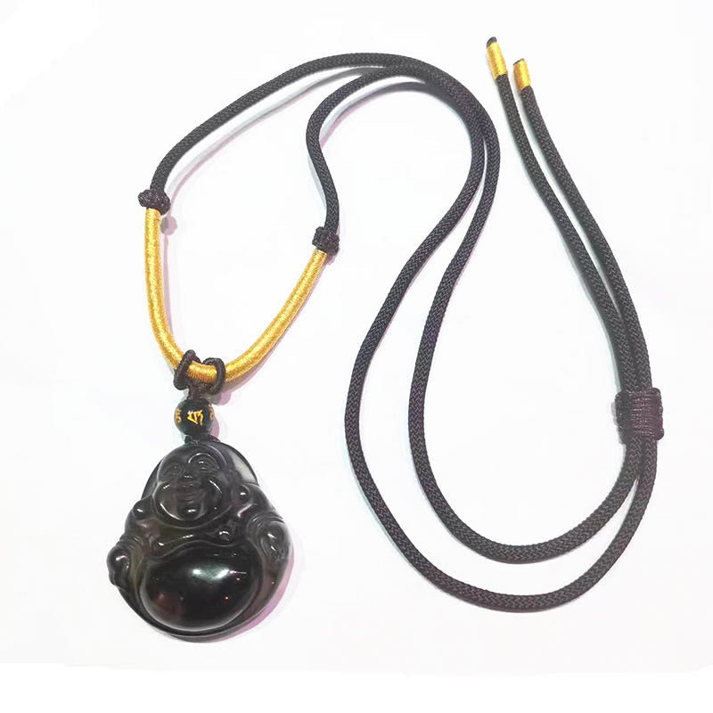 Fortune Jewel Natural Black Obsidian Ice Obsidian Laughing Buddha Purification Necklace Pendant
