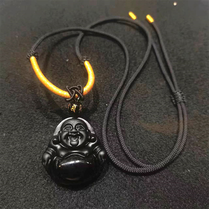 Fortune Jewel Natural Black Obsidian Ice Obsidian Laughing Buddha Purification Necklace Pendant