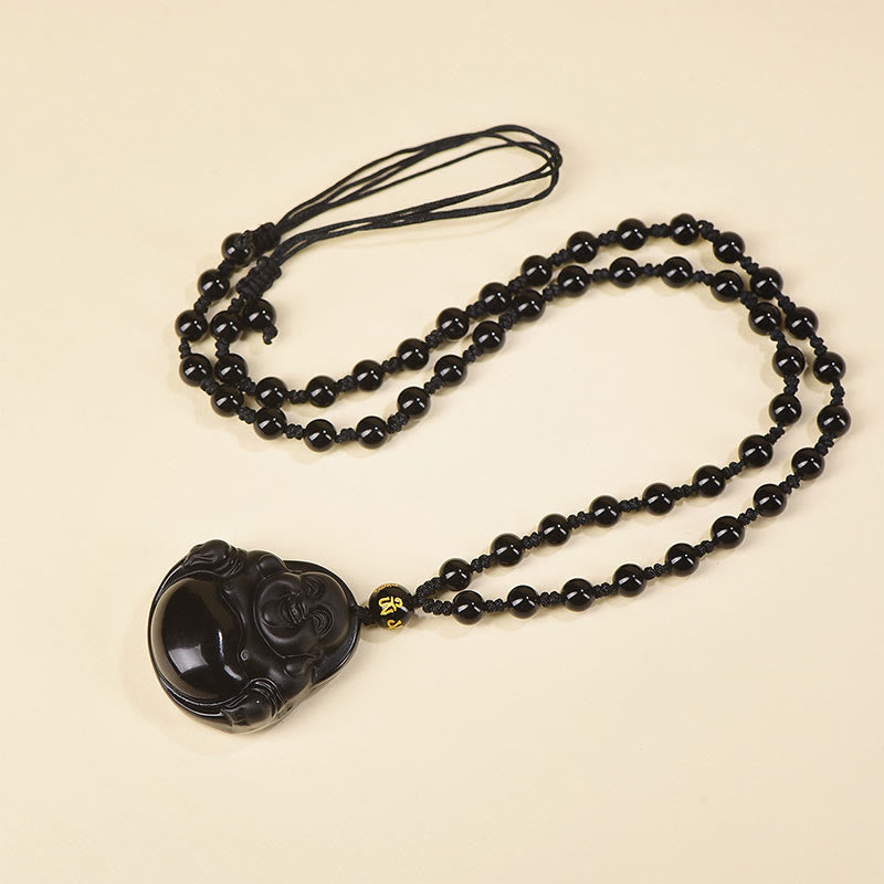 Fortune Jewel Natural Black Obsidian Ice Obsidian Laughing Buddha Purification Necklace Pendant
