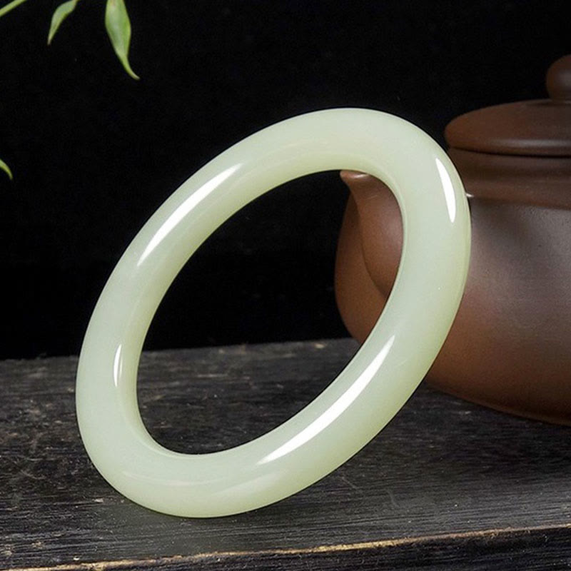 Fortune Jewel Natural White Green Jade Luck Prosperity Bracelet Bangle