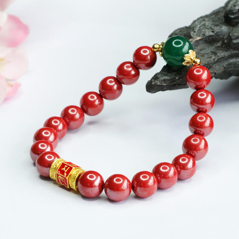 Fortune Jewel Natural Cinnabar Green Agate Om Mani Padme Hum Pattern Blessing Bracelet