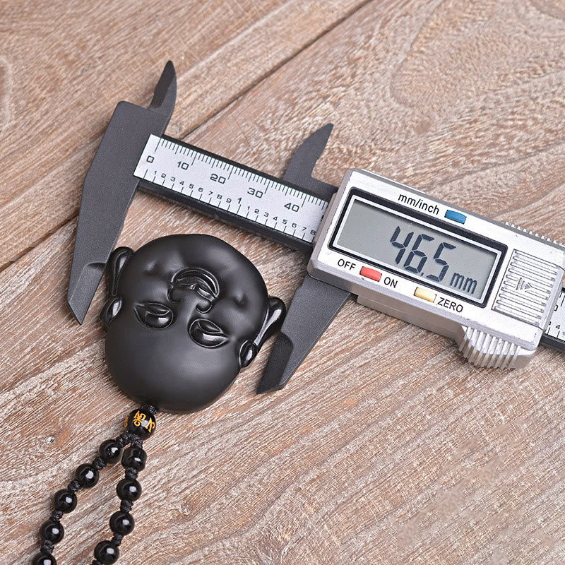 Fortune Jewel Natural Black Obsidian Laughing Buddha Purification Necklace Pendant