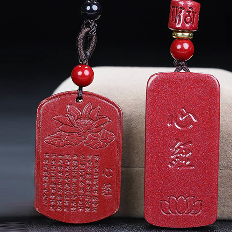 Fortune Jewel Cinnabar Lotus Heart Sutra Engraved Blessing Rope Necklace Pendant