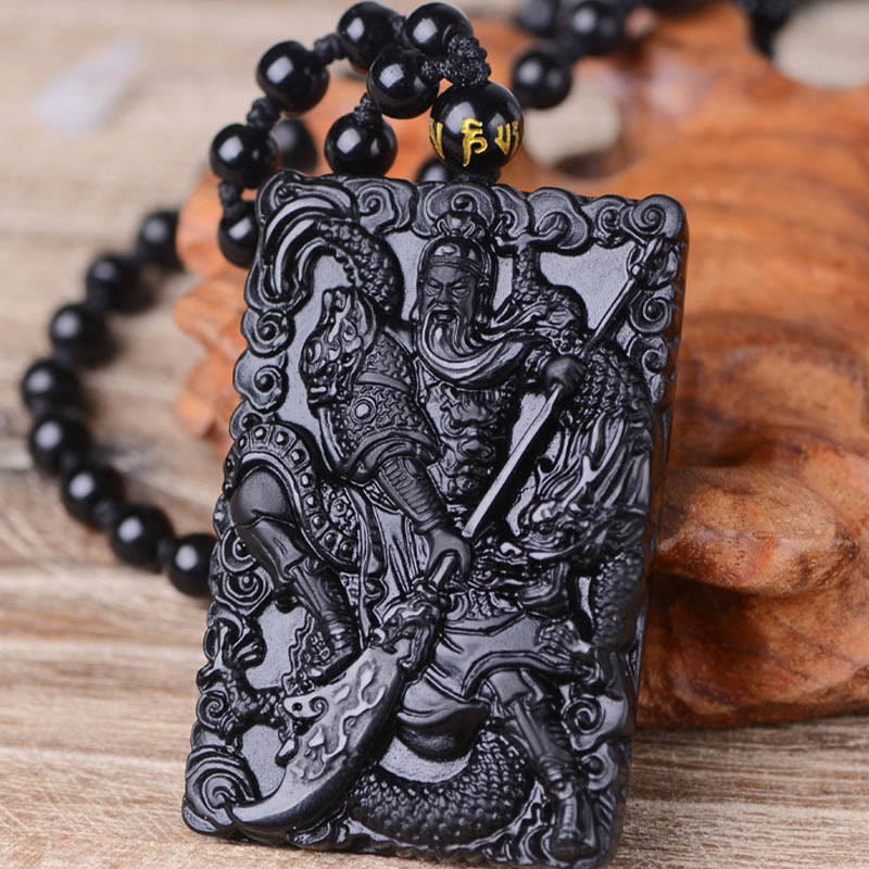 Fortune Jewel Black Obsidian Guan Gong Amulet Engraved Strength Necklace Pendant