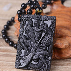 Fortune Jewel Black Obsidian Guan Gong Amulet Engraved Strength Necklace Pendant