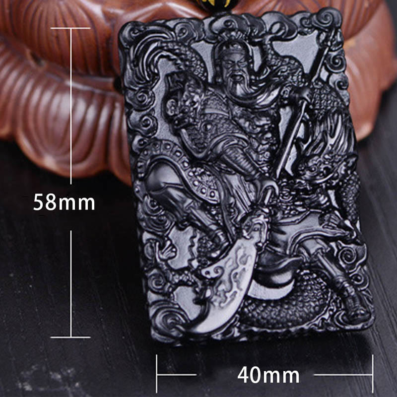 Fortune Jewel Black Obsidian Guan Gong Amulet Engraved Strength Necklace Pendant