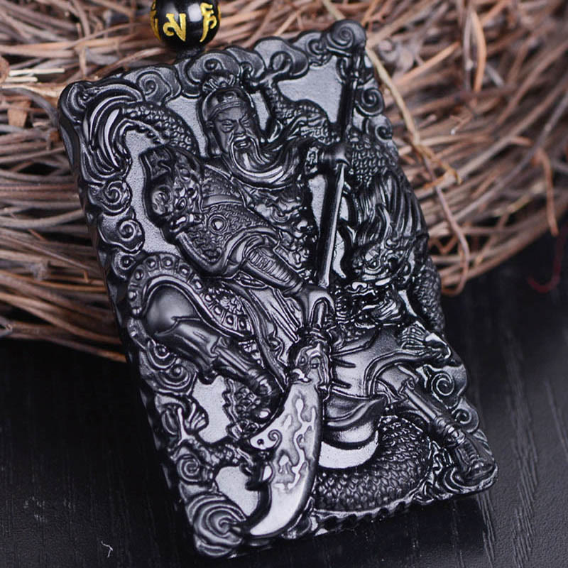 Fortune Jewel Black Obsidian Guan Gong Amulet Engraved Strength Necklace Pendant
