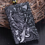 Fortune Jewel Black Obsidian Guan Gong Amulet Engraved Strength Necklace Pendant