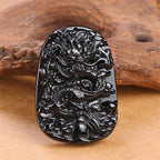 Fortune Jewel Black Obsidian Dragon Carved Luck Protection Necklace Pendant