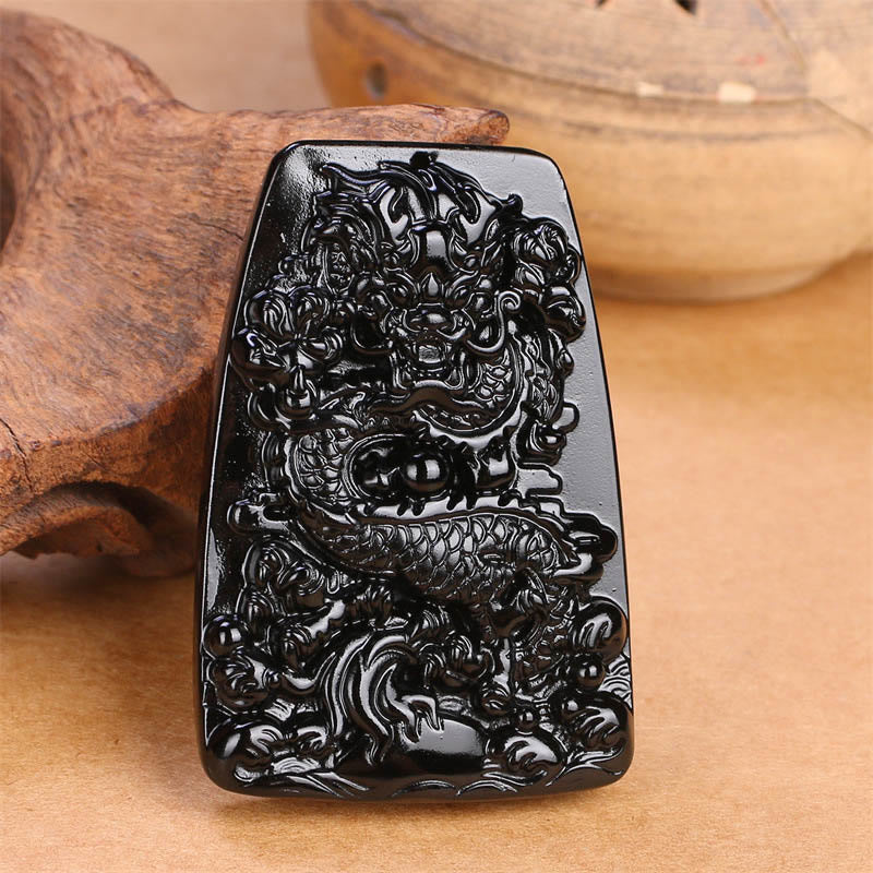 Fortune Jewel Black Obsidian Dragon Carved Luck Protection Necklace Pendant