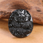 Fortune Jewel Natural Black Obsidian Round Dragon Carved Protection Necklace Pendant