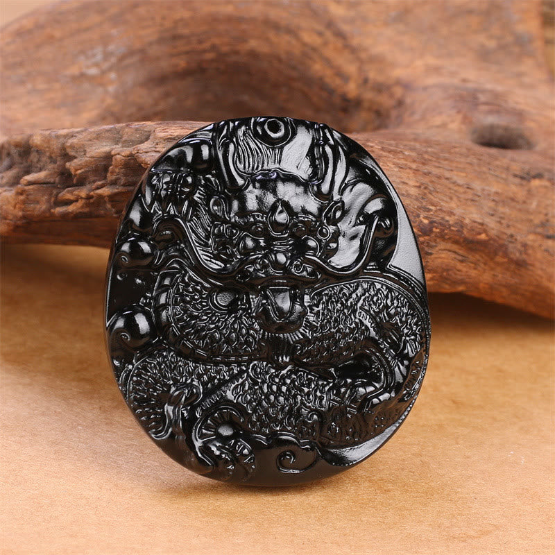 Fortune Jewel Natural Black Obsidian Round Dragon Carved Protection Necklace Pendant