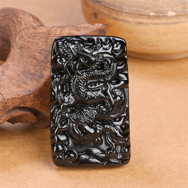 Fortune Jewel Natural Black Obsidian Rectangular Dragon Engraved Success Necklace Pendant
