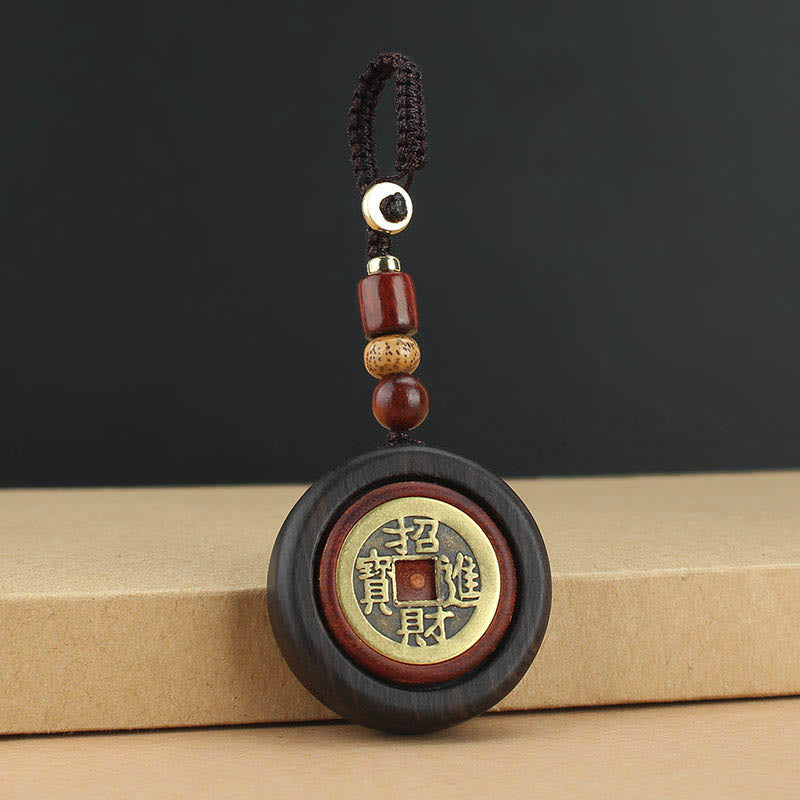 Fortune Jewel Copper Coin Attract Wealth Ebony Wood Red Sandalwood Luck Key Chain Decoration